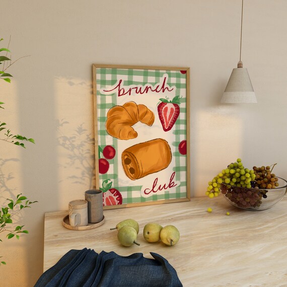 Brunch Club Art Print Breakfast Poster, Food Trendy Retro Mid Century Print, Modern Kitchen Wall Art, Pastries Art French Kitchen Prints