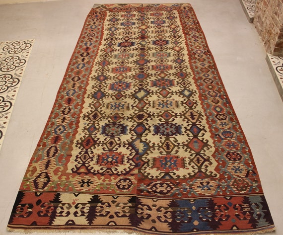 12.2x5.4フィート アンティークキリムラグ、幾何学模様のラグ