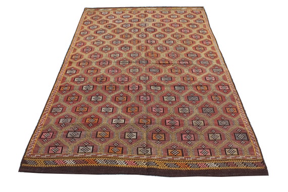 大型幾何学模様キリムラグ、9.7x5.7フィート、ヴィンテージトルコ部族