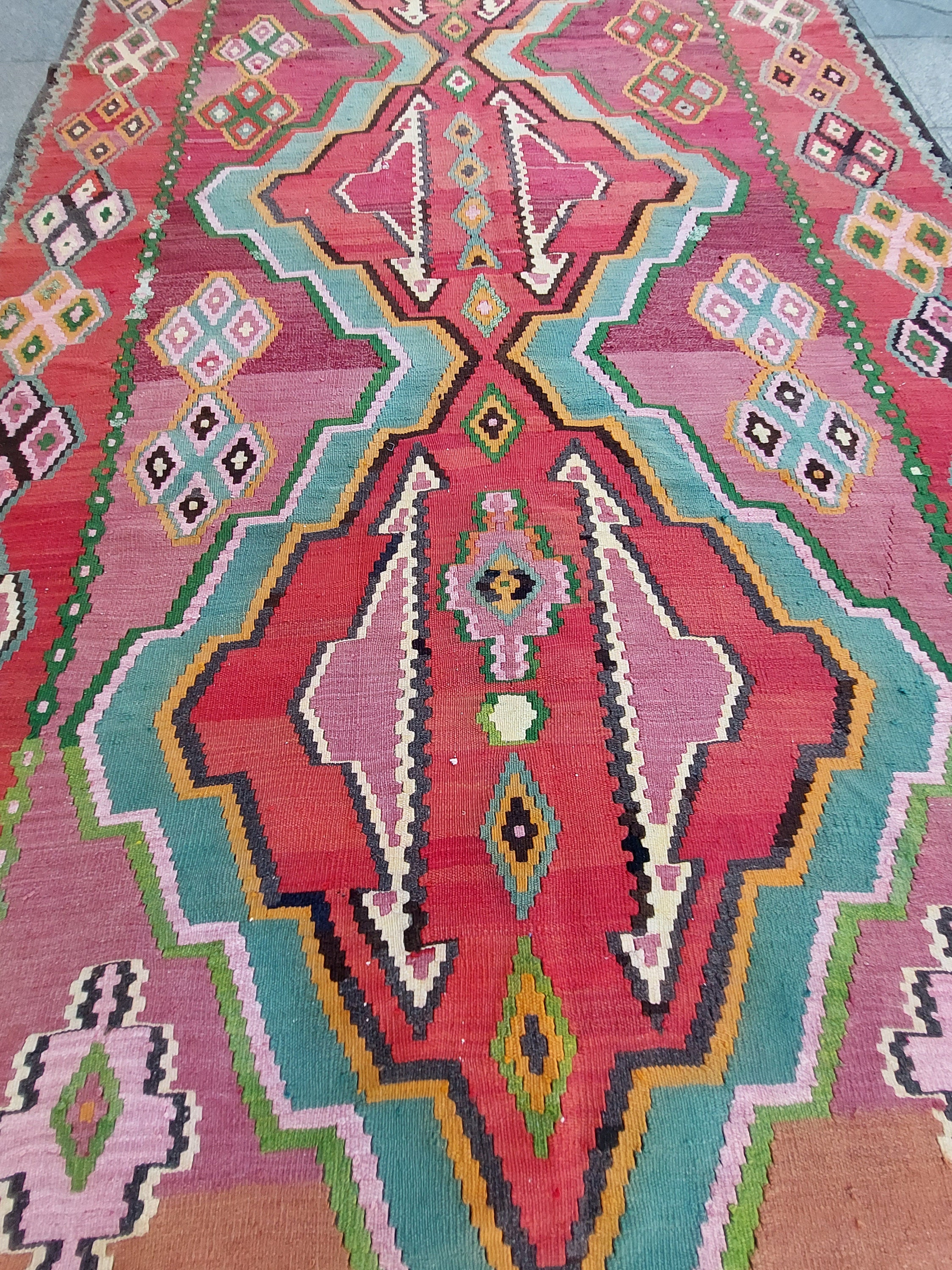 Turkish Kilim Rug 13.3x7 Ft, 405x211 Cm, Oriental Kitchen