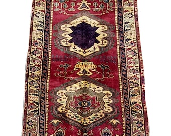 May include: A long, narrow red rug with a traditional Persian design. The rug features a central medallion with intricate details and a border with floral motifs. The rug is in good condition and has a vintage look.