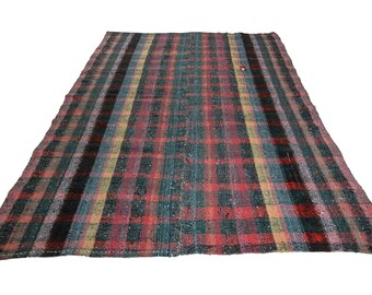 8.8x6.3 ft Ethnic Kilim Rug, Handmade Kilim Rug,Area rug, wool rug,Boho Kilim, Striped Kilim Rug, Vintage Kilim Rug,Blue, Green. MNK-65
