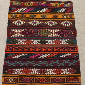 3x2,3 ft Ethno Kelim Teppich, Handgemachter Kelim Teppich, Wollteppich, Boho Kelim, Gestreifter KelimTeppich, Vintage Kelimteppich, Blau, Grün, MYK-1258