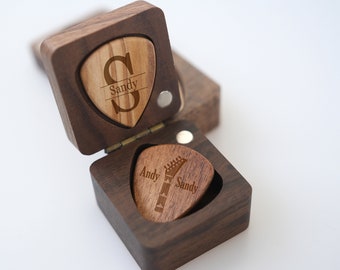 Personalized Picks  - Gift for Guitar Players - Wood Picks Kit - Engraved Wood Pick Case - Box with Picks - Walnut Wooden Guitar Picks Box