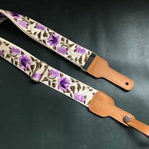Embroidered Guitar Strap, Purple Flowers Guitar Strap, Totally Handmade Guitar Strap, Shoulder Strap for Guitars of all Sizes image 1