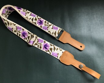 Embroidered Guitar Strap, Purple Flowers Guitar Strap, Totally Handmade Guitar Strap, Shoulder Strap for Guitars of all Sizes