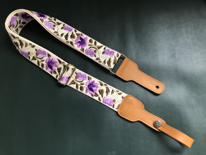 Embroidered Guitar Strap, Purple Flowers Guitar Strap, Totally Handmade Guitar Strap, Shoulder Strap for Guitars of all Sizes image 1