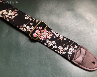 Floral Guitar Strap, Black Backgroungd Guitar Strap, Handmade Shoulder Strap for Guitars of All Sizes, Gift for Guitar Players