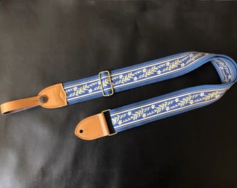 Handmade Guitar Strap Literary Style - Blue Background Guitar Strap for Men - All Sizes Shoulder Strap - Leather Anniversary Gifts for Him