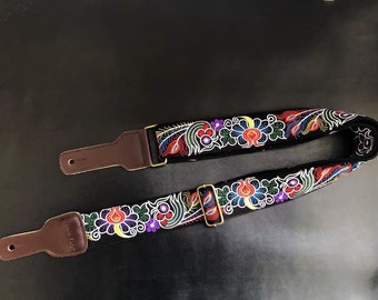 Embroidered Guitar Strap, Black Background GuitarStrap, Totally Handmade Guitar Strap, Shoulder Strap for Guitars of All Sizes