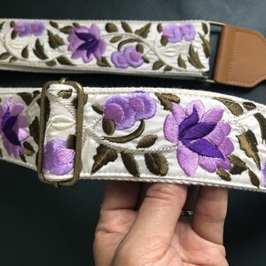 Embroidered Guitar Strap, Purple Flowers Guitar Strap, Totally Handmade Guitar Strap, Shoulder Strap for Guitars of all Sizes image 4