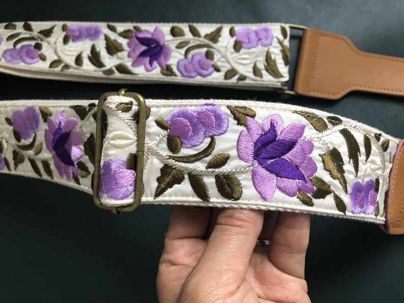 Embroidered Guitar Strap, Purple Flowers Guitar Strap, Totally Handmade Guitar Strap, Shoulder Strap for Guitars of all Sizes image 4