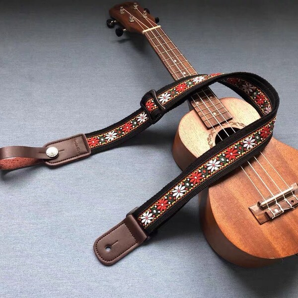 Fine Embroidery Ukulele Strap Leather - Shoulder Straps - Handmade Floral Ukulele Strap - Embroidery Gift for Women - Guitar Strap Crossbody