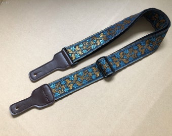 Black-blue-gold Guitar Strap, Handmade Guitar Strap, Shoulder Strap for Guitars of All Sizes, Gift for Guitar Players, Embroidered Strap