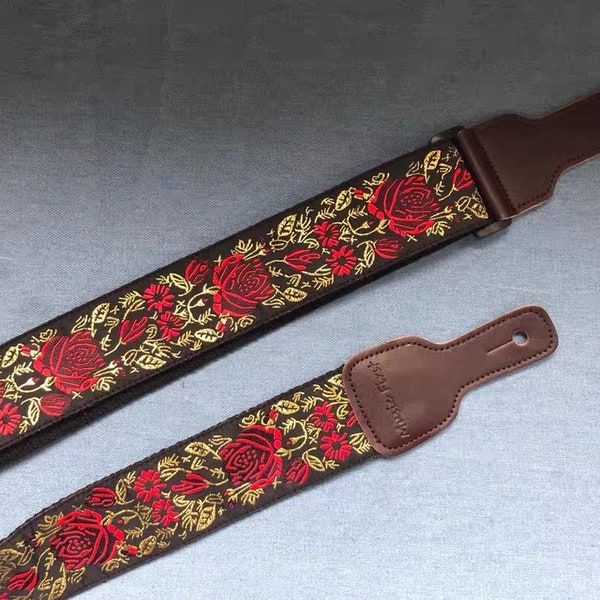 Rose Guitar Strap - Classical Guitar Strap - Personalized Guitar Strap Floral - Embroidered Guitar Strap -Wedding Anniversary Gift for Wife