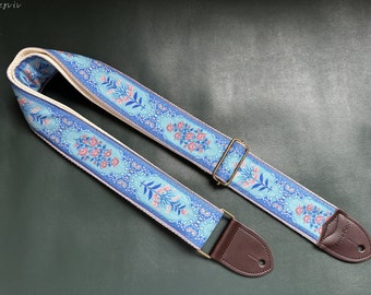 Floral Guitar Strap, Vintage Style Guitar Strap, Handmade Strap for Guitars of All Sizes, Blue Guitar Strap, Gift for Guitar Players