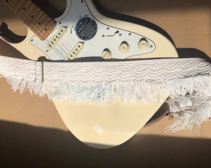Best Guitar Strap - White Embroidered Strap - Guitar Gifts for Men - Personalised Gifts for Him- Shoulder Strap for Musician - Leather Strap