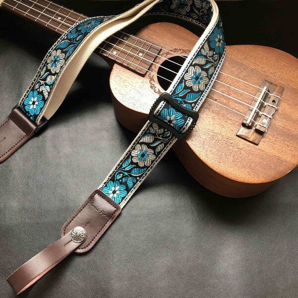 Embroidered Blue Flower Ukulele Strap - Handmade Shoulder Strap for Small Guitar - Soft Ukulele Strap - One Year Anniversary Gift for Him