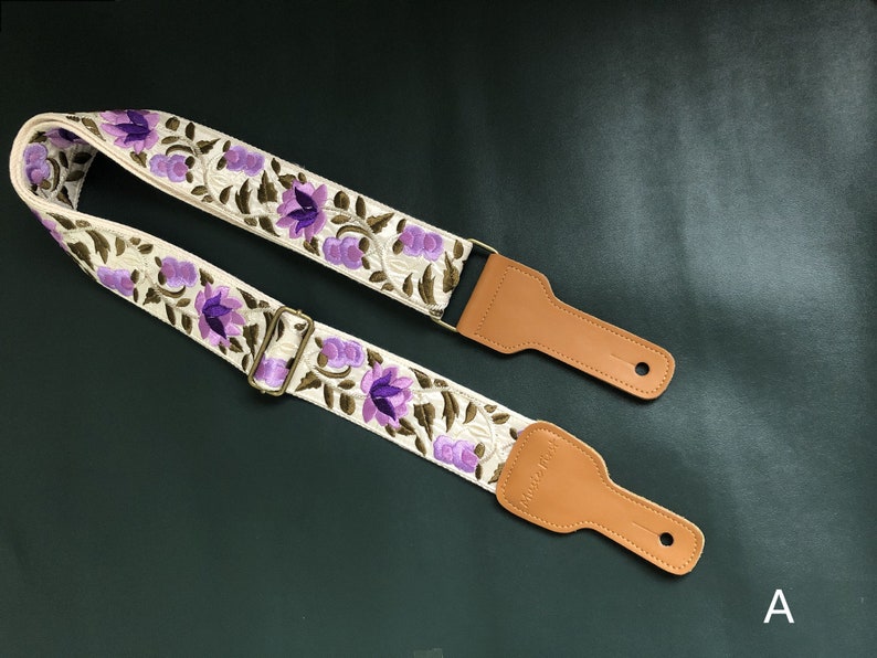 Embroidered Guitar Strap, Purple Flowers Guitar Strap, Totally Handmade Guitar Strap, Shoulder Strap for Guitars of all Sizes image 5