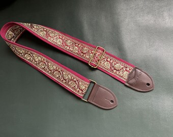 Embroidered Guitar Strap with Golden Thread Inlay, Burgundy Guitar Strap, Gift for Guitar Players, Handmade Strap for Guitars of All Sizes