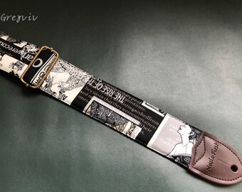 Cartoon Guitar Strap, Handmade Guitar Strap, Black and White Bass Strap, Shoulder Strap for Guitars of All Sizes, Gift for Guitar Players