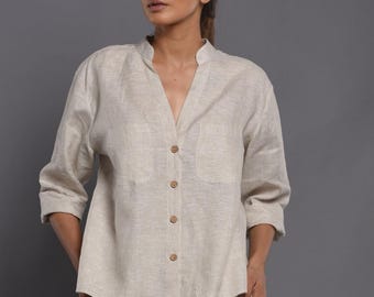 Linen Collared Shirt with Wooden Buttons, Relaxed Fit Summer Top