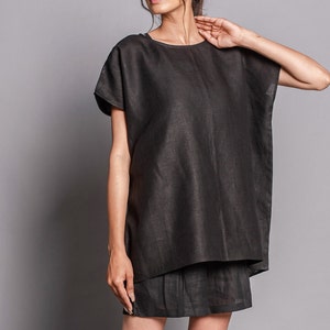 Black Linen Boat-neck Tops & Tees Loose Fit Women's T-Shirt, short sleeves blouses, loose soft casual custom oversized tunic top image 1