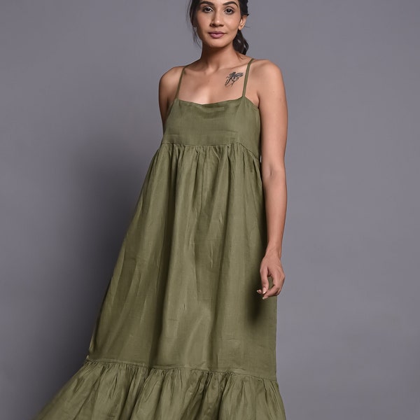 Vestido largo de lino: vestido camisero sin mangas con volantes en el bajo, ropa de mujer