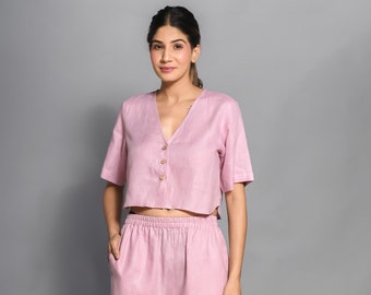 Linen Lounge Set: Crop Top and Wide Leg Pants, women co ord set