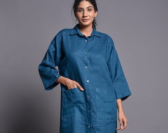 Blue Linen Shirt Dress: Long Sleeve Midi Tunic with Pockets linen clothing