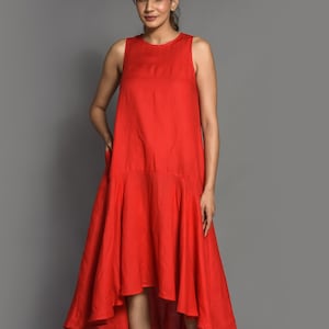 Blood Red Linen Dress for Women, Sleeveless High-Low Hem Flowy Midi Dress in Natural Fabric, Summer Statement Outfit, Gift for Her