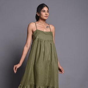 Linen Dresses,  Spaghetti Stripes Dress, Sleeveless Dark Olive Dress,Summer Dress, Linen dress for women, Gift For Her, Plus Size Women