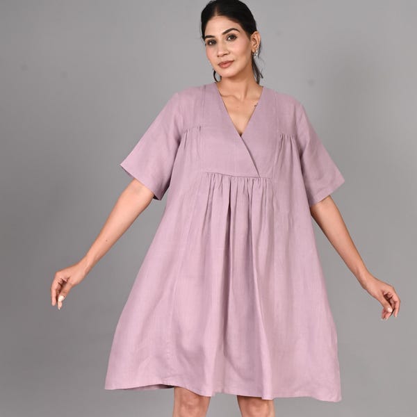 Dusty Rose Linen Tunic Dress: V-Neck Boho Midi Caftan ,women clothing