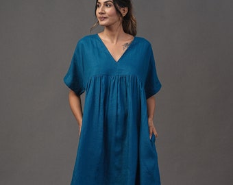 Linen Empire Waist Dress: Drop Sleeves, Midi Length, Side Pockets, women clothing