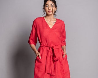 Red Linen Wrap Dress,Linen Dress With Belt, Linen Clothing for Women, Linen Maternity Dress, Bridesmaid Linen Dres, Summer dress with Sleeve
