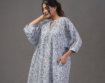 Hand Block Printed Dress, Summer Dress, Blue & white Knee length dress, Cotton floral dress A line Dress, Handmade in India, Gift For Her