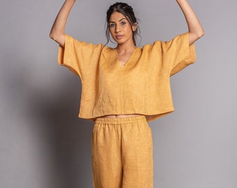 Lounge wear Set Shirt with Pants, 2 Piece Matching Set, Outfits for Women,  Linen Sleep Wear, Top Bottom Pajama Set, Gift for Her