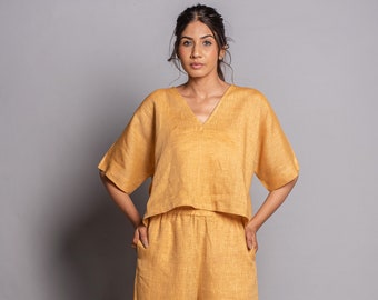 Women&#39;s Linen Pajama Set: Short Sleeve Lounge Wear