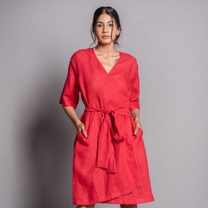 Red Linen Wrap Dress: Summer Kimono with Belt