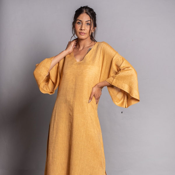 Linen Midi Dress with Pockets, 3/4 Sleeve Loose Fit Tunic