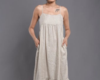 Linen Maxi Dress: Sleeveless Smock Dress with Ruffle Hem, Women clothing, Summer dress