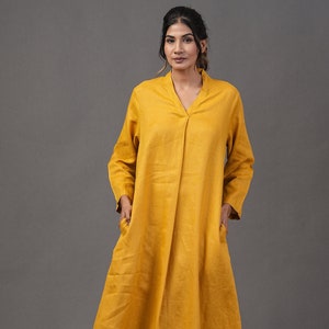 Linen Maxi Dress with V-Neck - Summer Tunic, Loose Maternity Fit, Split Neckline, long Sleeve Dress for Women, Plus Size Petite, Custom Size