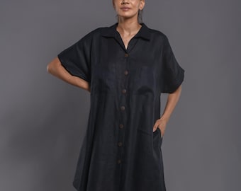 Long Linen Shirt Dress: Button Down Tunic with Pockets