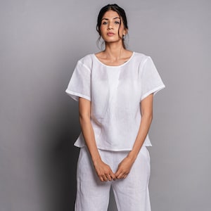 White Linen Two-Piece Set: Summer Crop Top & Straight Pants