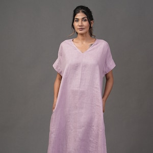 Lavender Linen Dress, Relaxed Fit V Neck Midi Dress with Pockets, Minimalist Summer Clothing, Handmade Linen Outfit, Plus size clothing