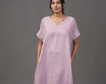 Linen Maxi Dress with Pockets, Short Sleeve Loose Fit gift for her