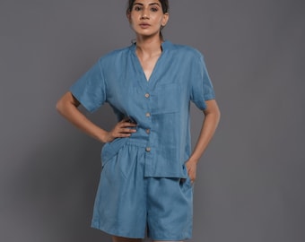 Ensemble de vêtements de détente en lin : chemise coupe décontractée et short, vêtements bohèmes, cadeau pour elle