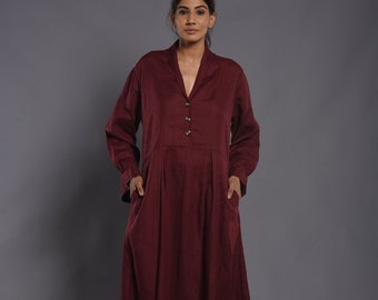 Linen Dress, Kimono Linen Dress, Button Up Linen dress, Winter Smock Linen Dress With Pockets, Linen maxi dress, Burgundy Dress,gift for her