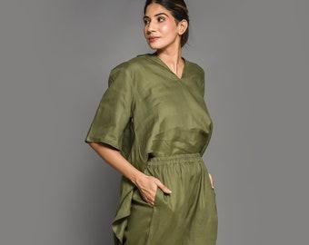 Olive Green Linen Lounge Set: Oversized V-Neck Top & Wide Leg Pants