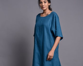 Linen Dark Teal Dress, Cocktail Dress, Linen Dress for Women, Linen Maxi Dress, Short Sleeves,Summer Dress Loose,Linen Spring Kaftan Dress